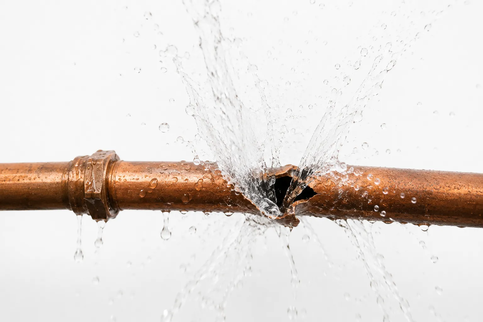 Damaged water pipe spraying water due to a burst section.