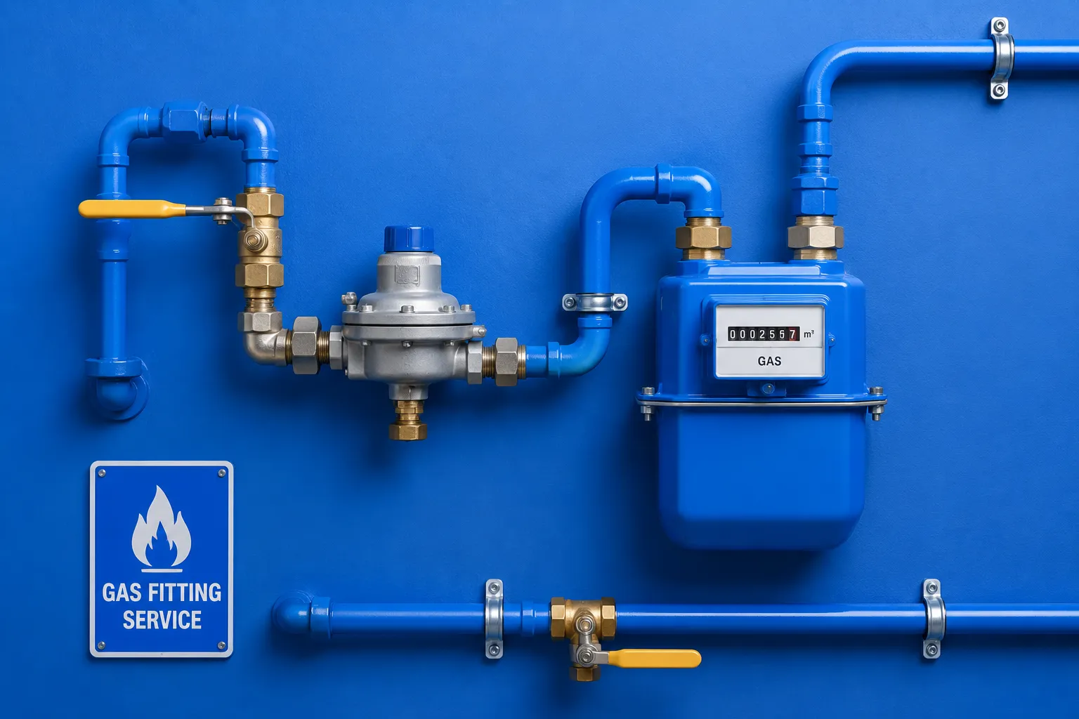 Professional gas fitting installation with blue gas pipes and safety valves.