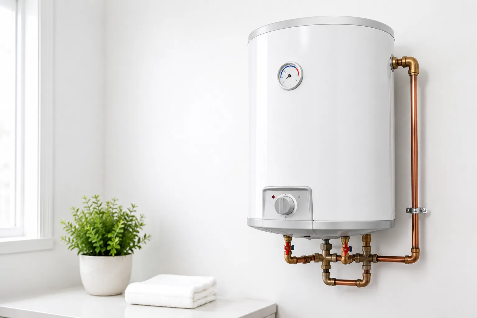 Modern hot water system installed on a white wall in a Melbourne property.