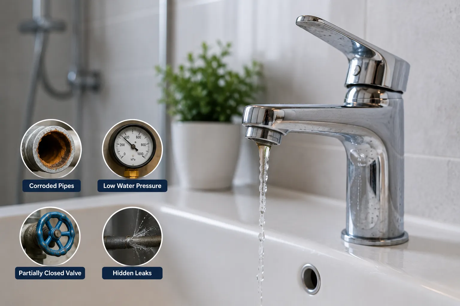 Homeowner testing a kitchen tap with low water pressure while a professional plumber assesses the plumbing system in Melbourne.