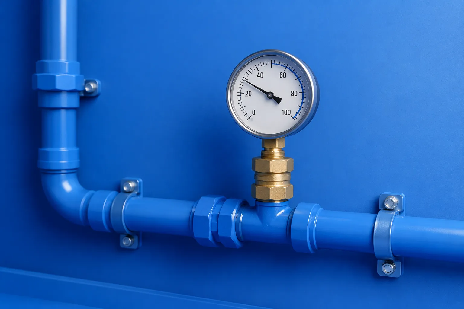 Water pressure gauge connected to a plumbing system.