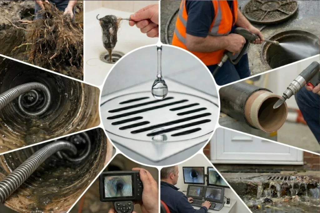 Professional plumber clearing blocked drains and inspecting drainage systems using specialist equipment.