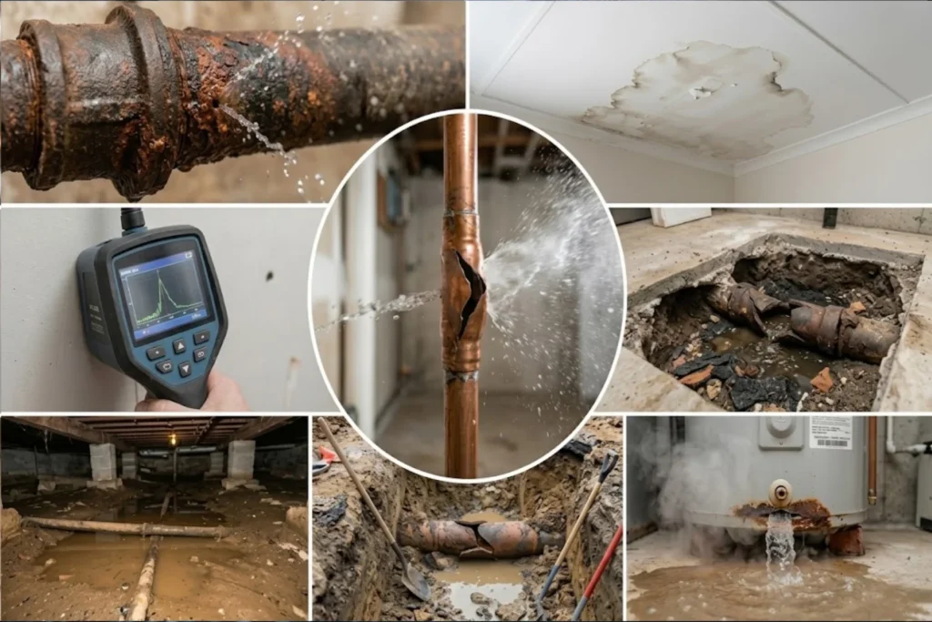 Emergency plumber repairing a burst water pipe and inspecting water damage inside a property.