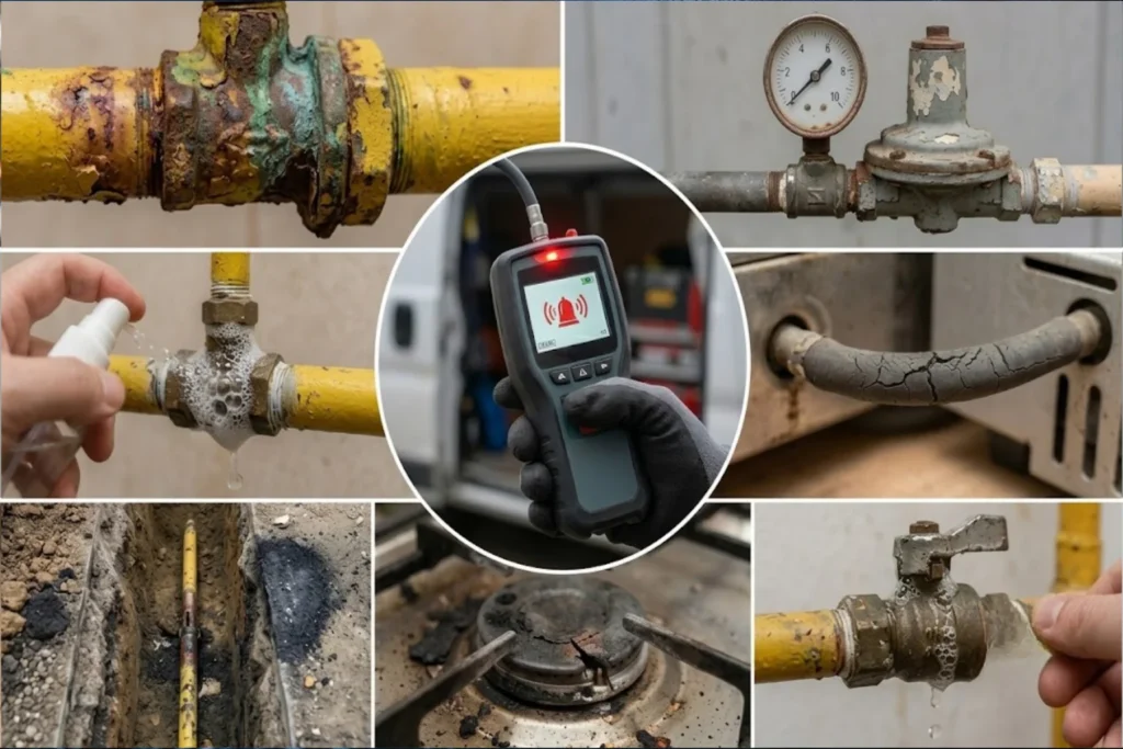 Licensed gas fitter inspecting gas pipes and detecting gas leaks in a residential property.