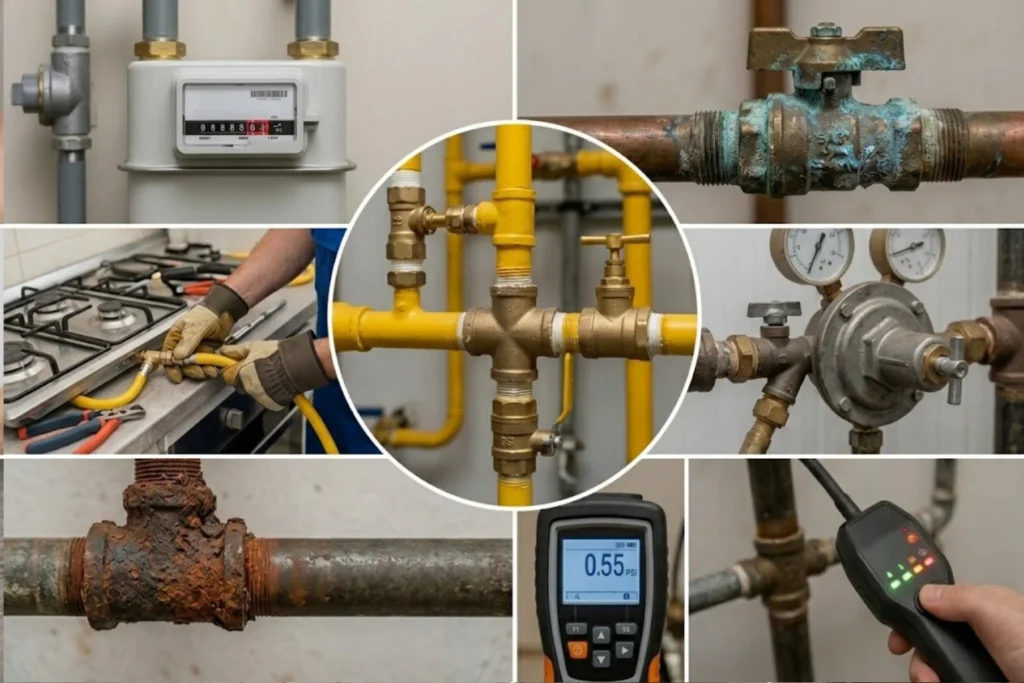 Licensed gas plumber installing gas appliances and inspecting gas pipework.