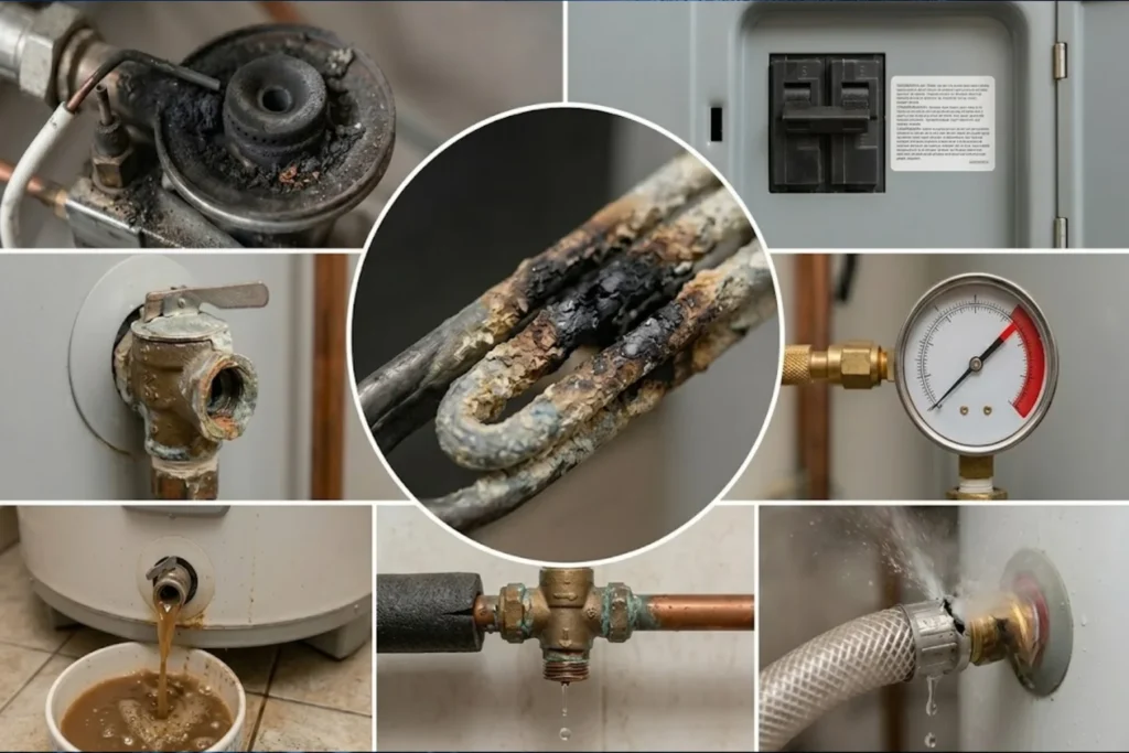 Technician inspecting a faulty hot water system with leaking tank and damaged heating components.