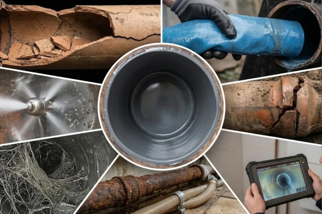 Pipe relining specialist inspecting damaged underground pipes using CCTV drain camera technology.
