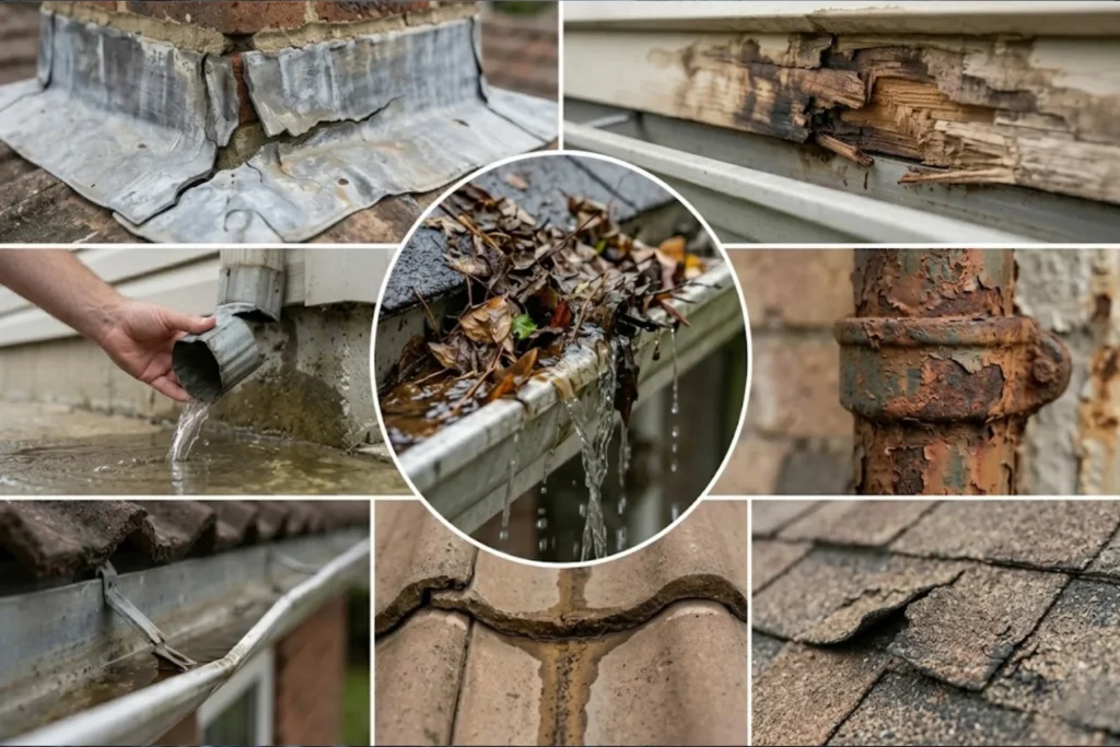 Roof plumber inspecting damaged gutters, downpipes, and roof drainage systems.