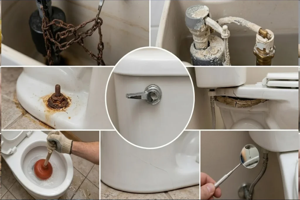 Professional plumber repairing a leaking toilet cistern and diagnosing toilet plumbing issues.