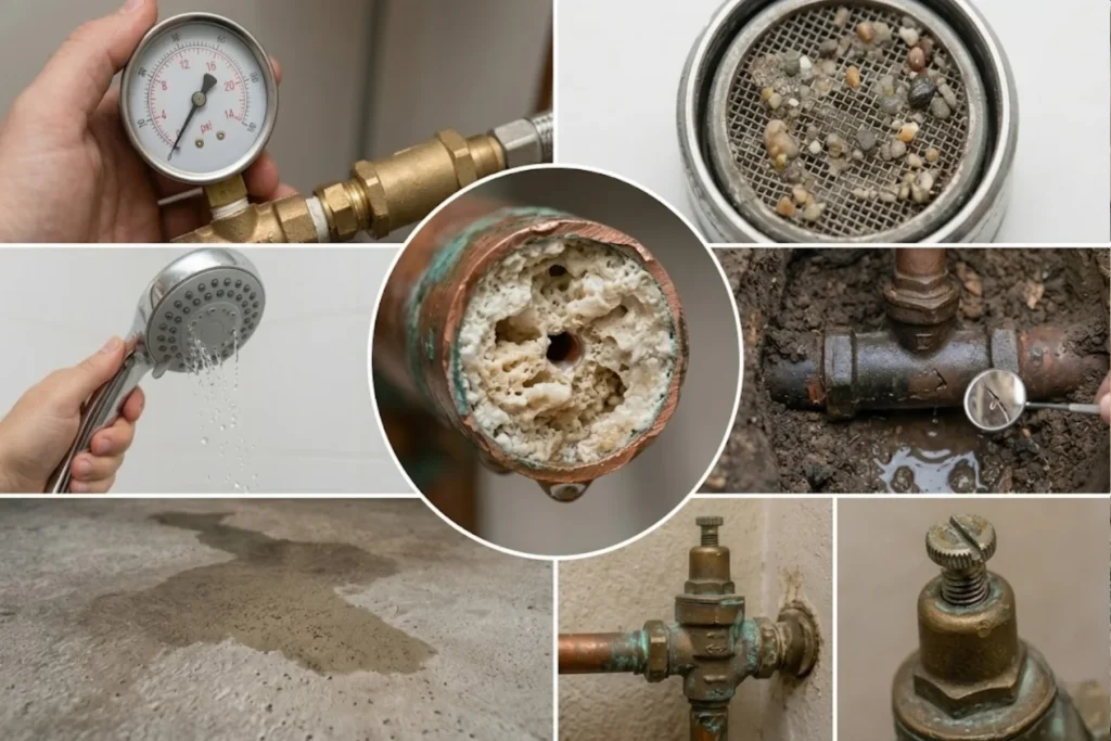 Plumber testing water pressure and diagnosing plumbing flow issues inside a property.